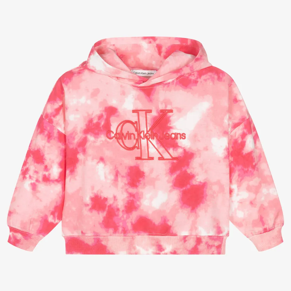 Girls Pink Tie Dye Cotton Logo Hoodie