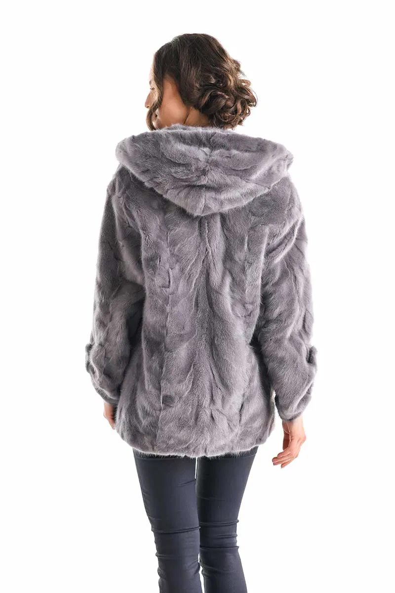 Gray Hooded Genuine Mink Fur Coat with Leather Belt