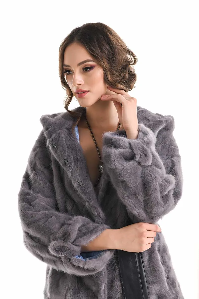 Gray Hooded Genuine Mink Fur Coat with Leather Belt