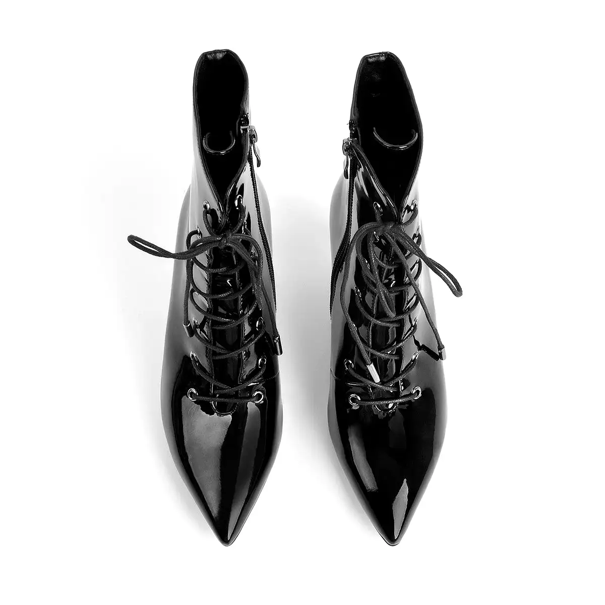 Kitten Low Heel Pointed Toe Lace Up Patent Black Leather Ankle Boots