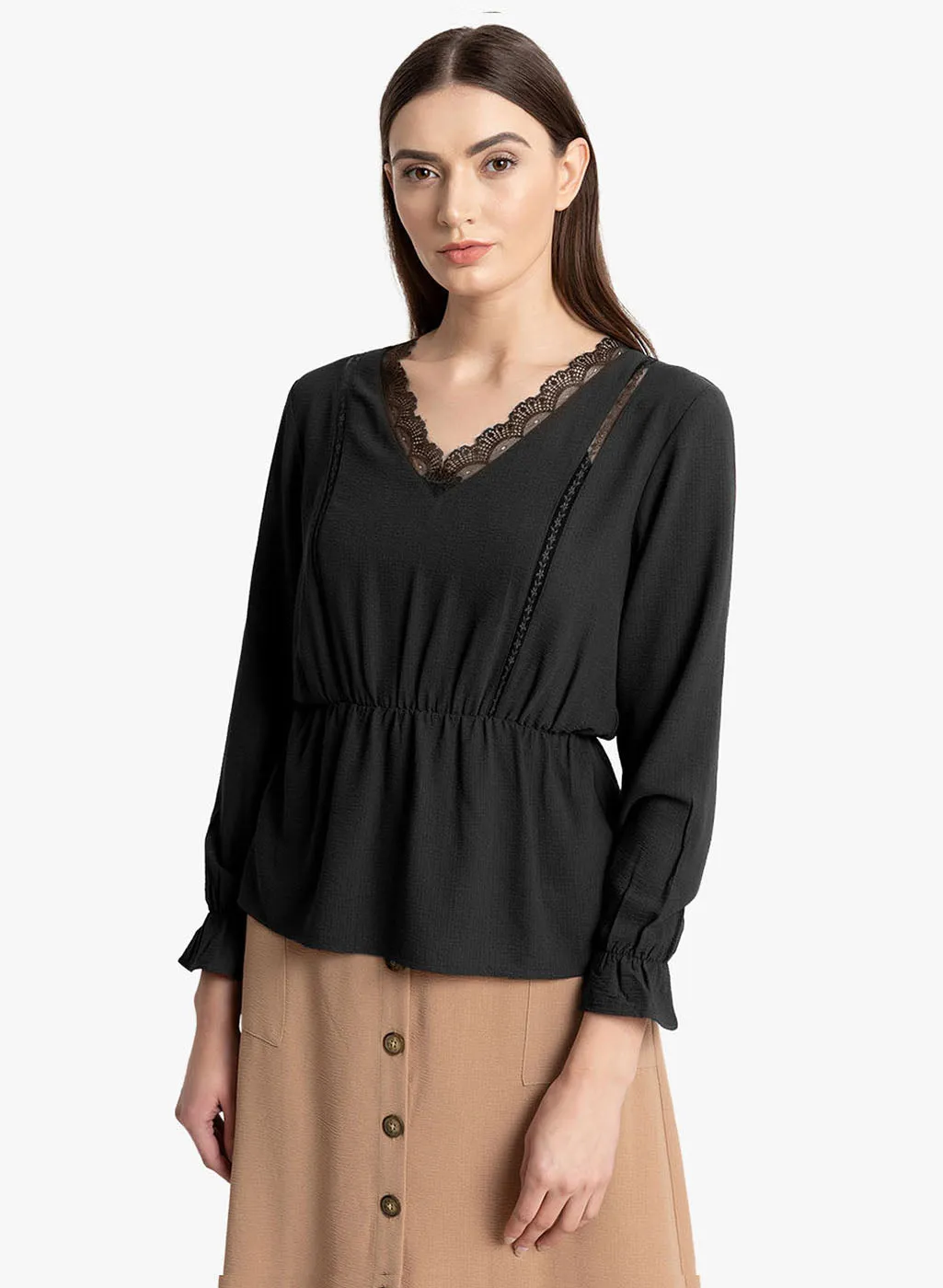 Lace Insert V Neck Top