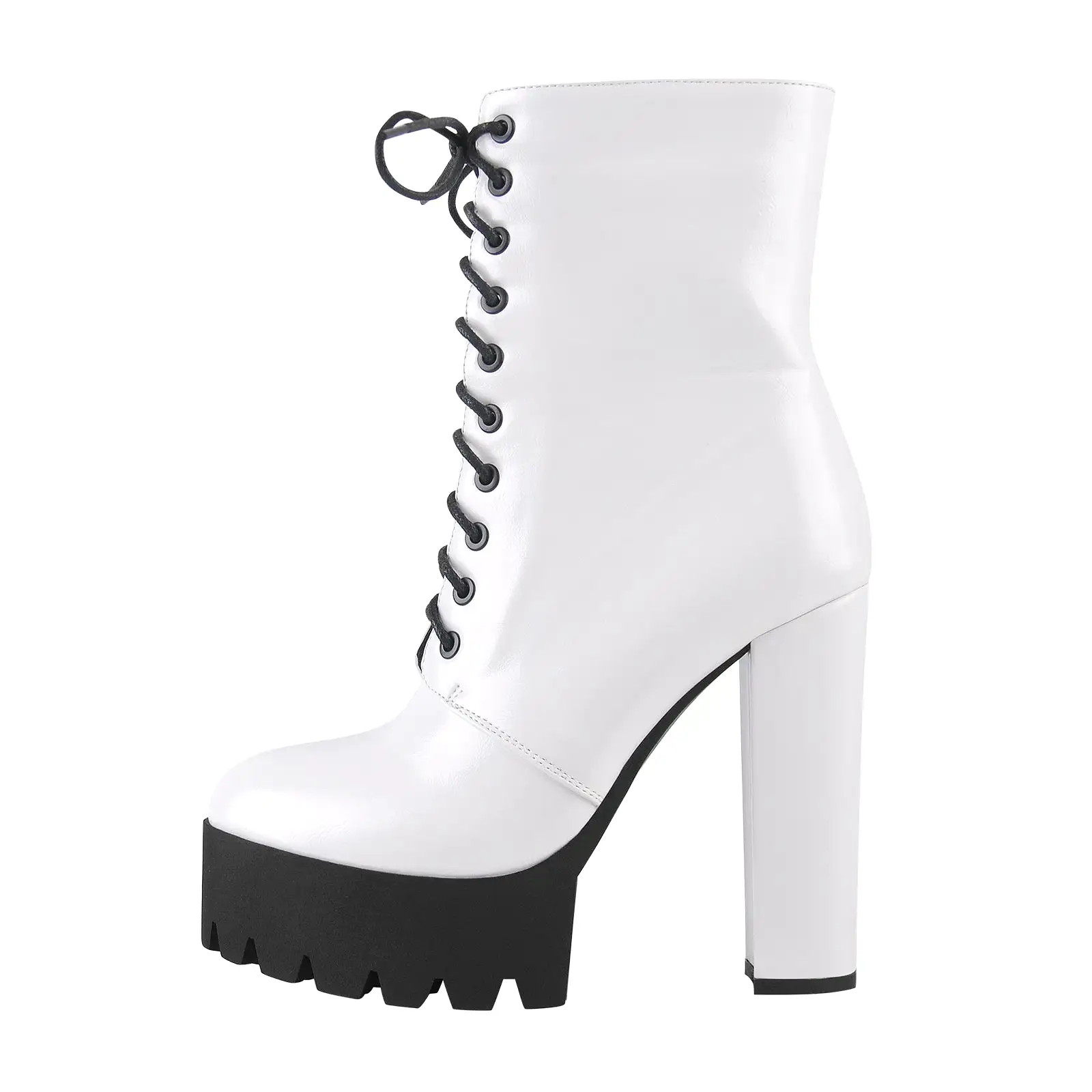 Lace Up White Platform Chunky Heels Zipper Boots