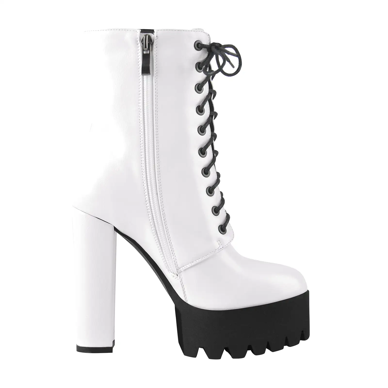 Lace Up White Platform Chunky Heels Zipper Boots