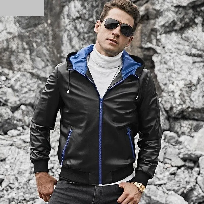 Lambskin Genuine Leather Patchwork Pattern Hoodie Coat for Men