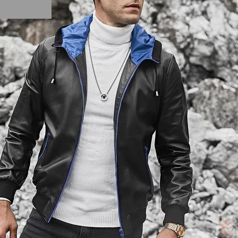 Lambskin Genuine Leather Patchwork Pattern Hoodie Coat for Men