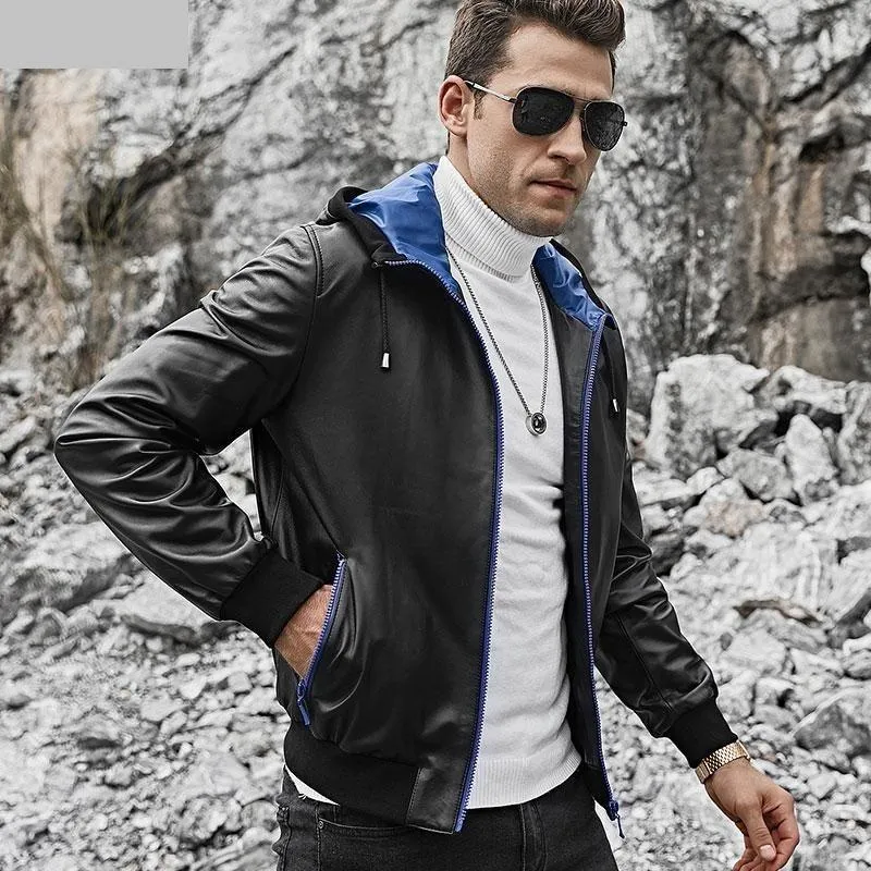 Lambskin Genuine Leather Patchwork Pattern Hoodie Coat for Men