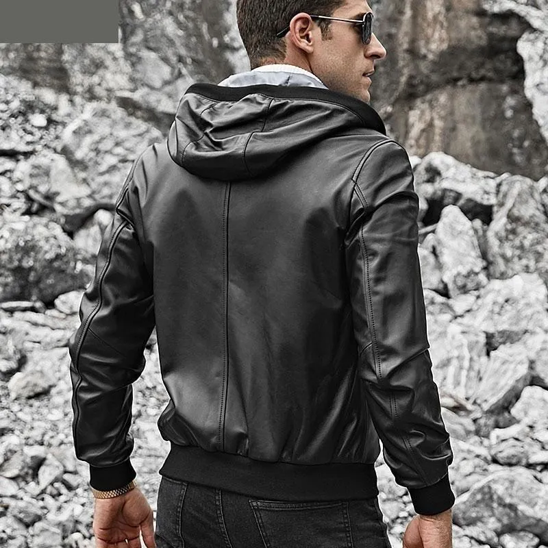 Lambskin Genuine Leather Patchwork Pattern Hoodie Coat for Men