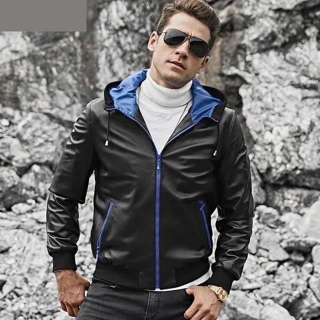 Lambskin Genuine Leather Patchwork Pattern Hoodie Coat for Men