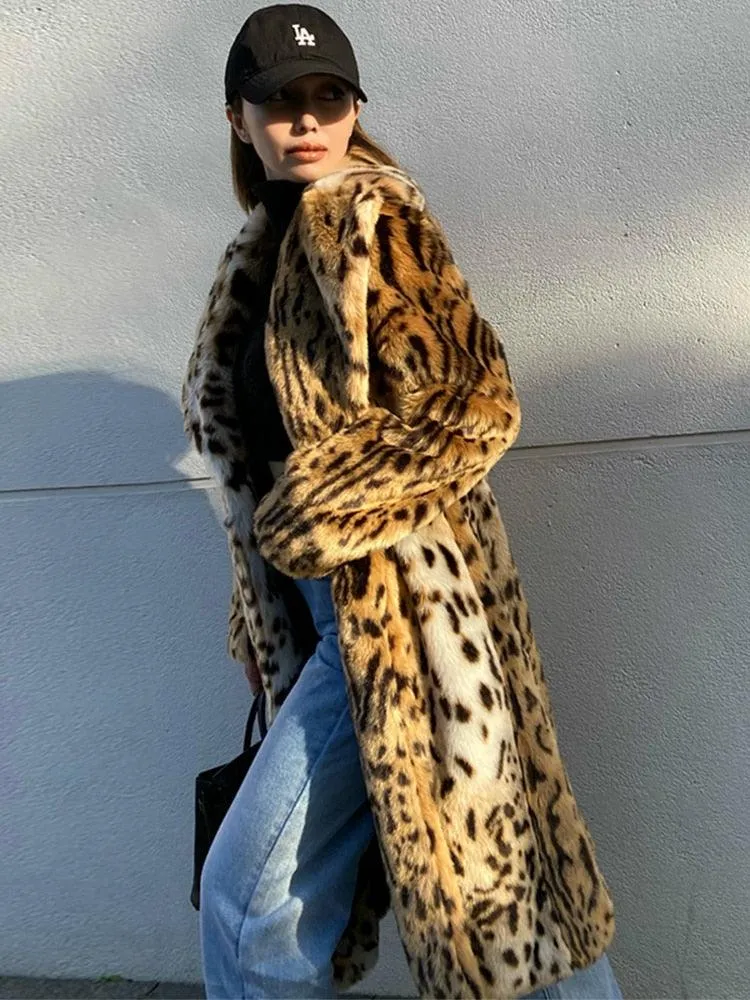 Leopard Print Fluffy Faux Fur Coat - Long, Warm, and Luxurious