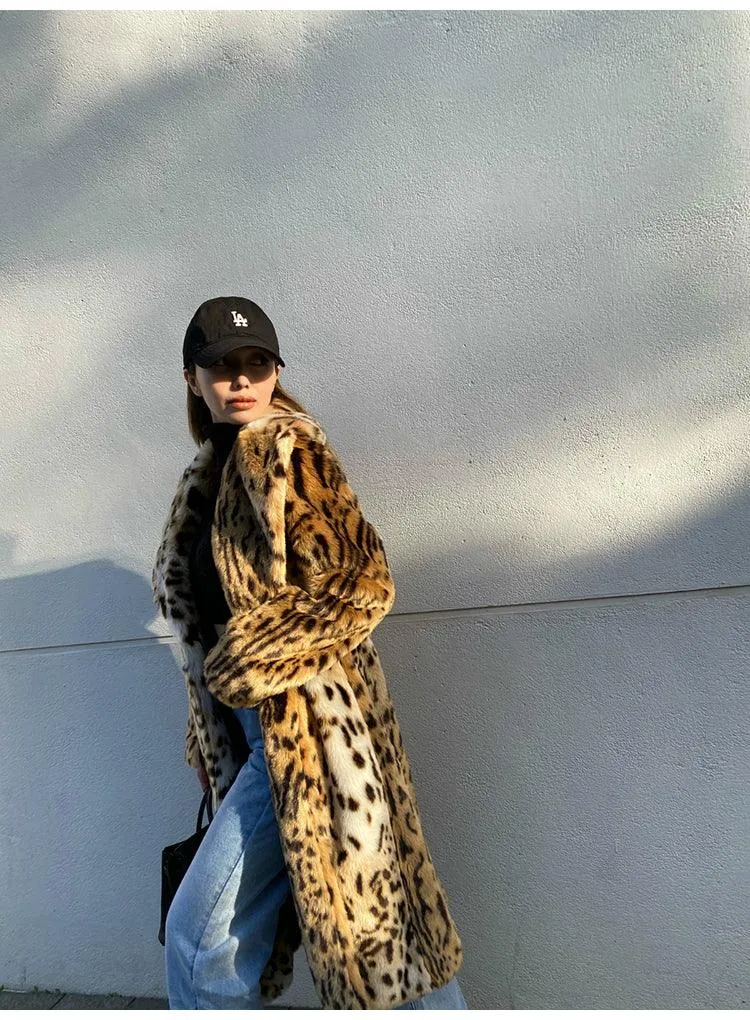 Leopard Print Fluffy Faux Fur Coat - Long, Warm, and Luxurious