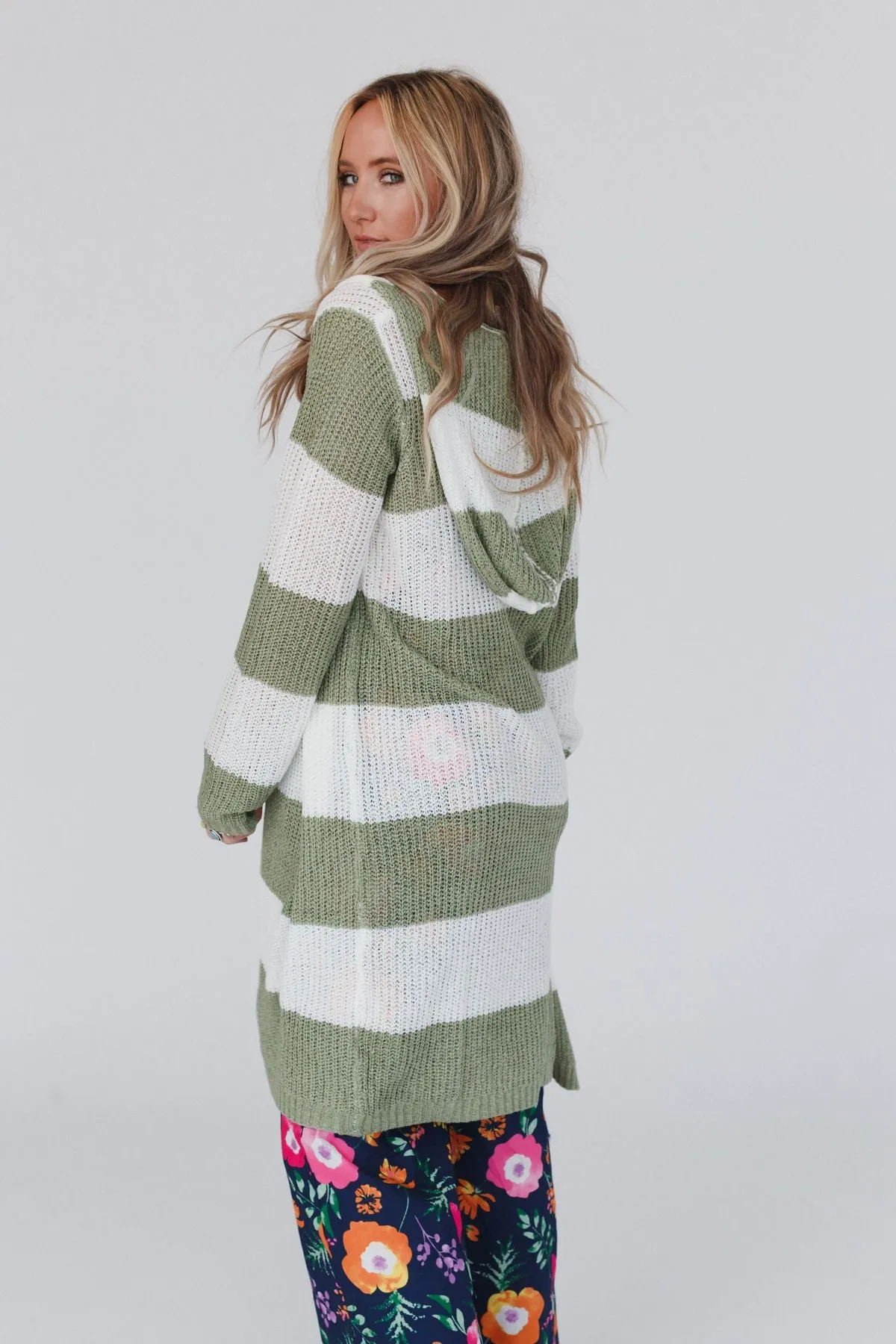 Limitless Striped Hoodie Cardigan - Sage