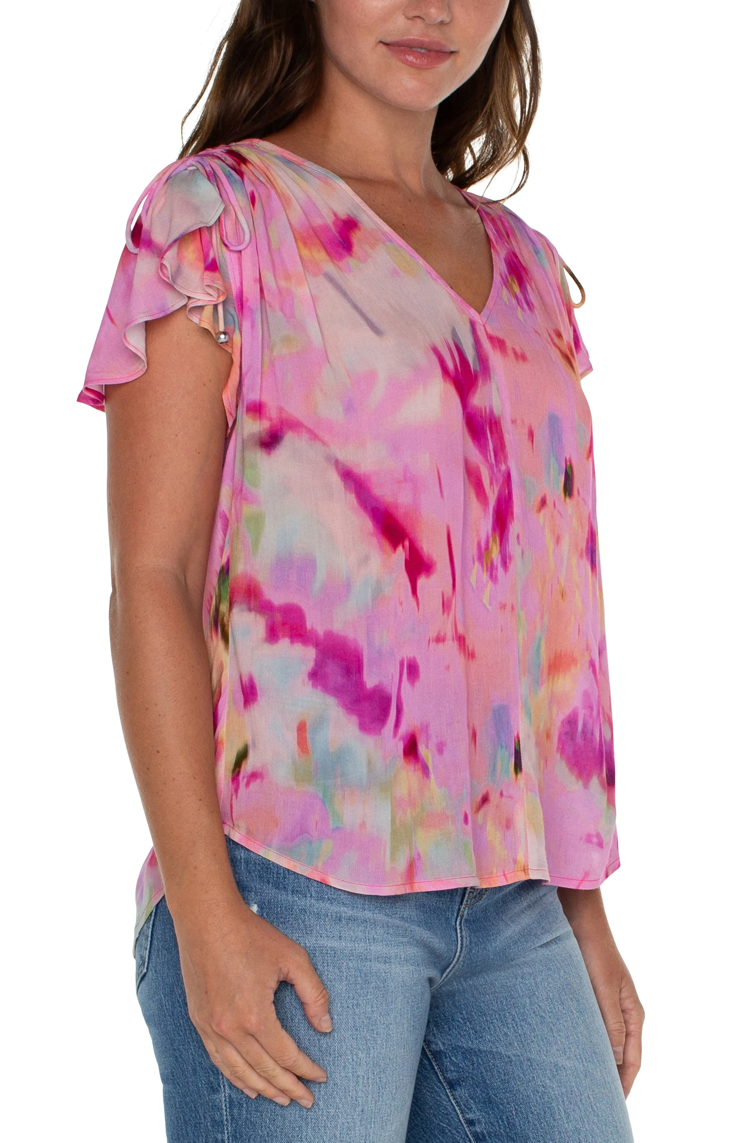 LIVERPOOL - SHIRRED V-NECK TOP WITH TIE DETAILS - FUCHSIA