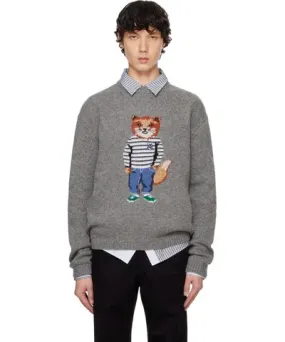 Maison Kitsune Gray Dressed Fox Intarsia Sweater