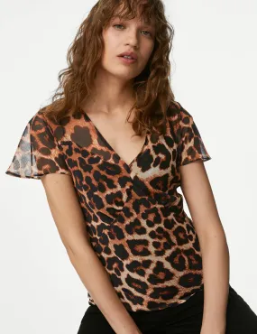 M&S Women's Animal Print V-Neck Top - 18REG - Brown Mix, Brown Mix