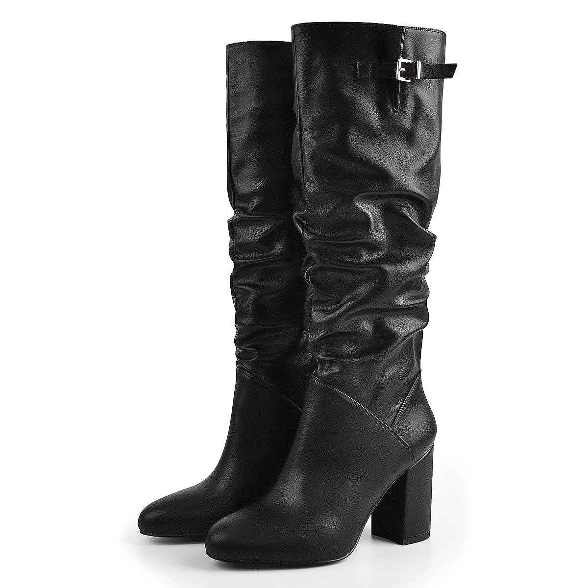 Matte Black Leather Chunky Heels Boots