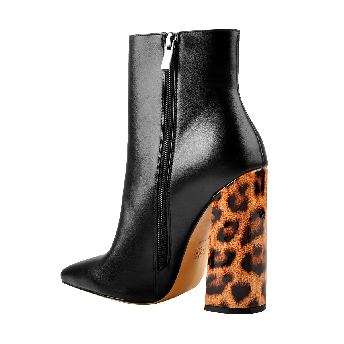 Matte Leather Pointed Toe Leopard Block Heels Ankle Boots