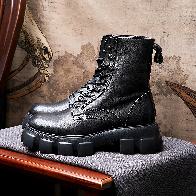 Men Black Patent Leather Platform Boots 