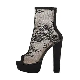 Mesh Flower Peep Toe Platform Chunky High Heel Sandals Boots