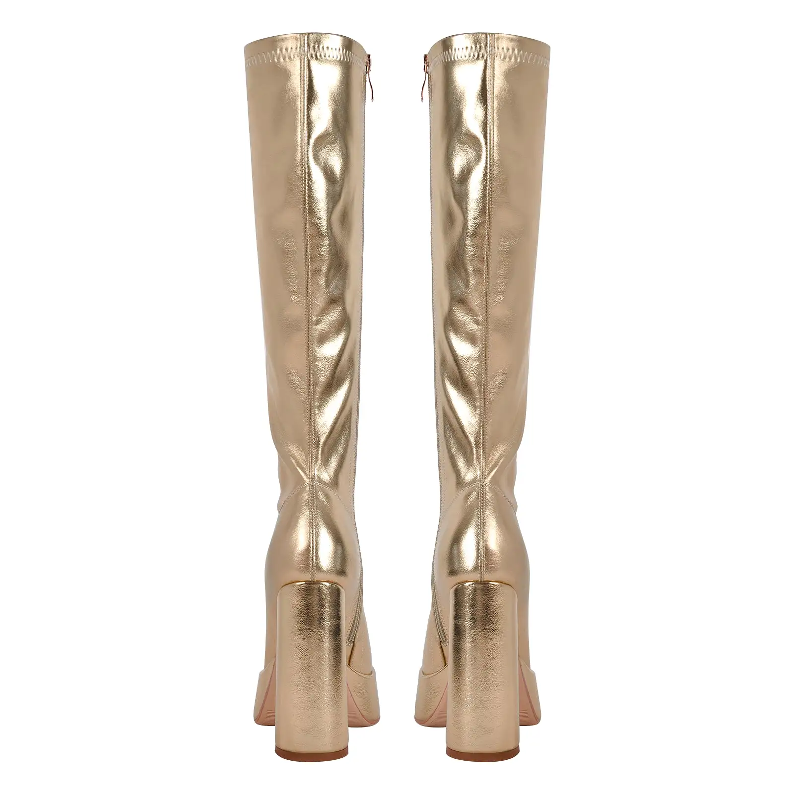 Metallic Leather Platform Chunky Heel Knee High Boots