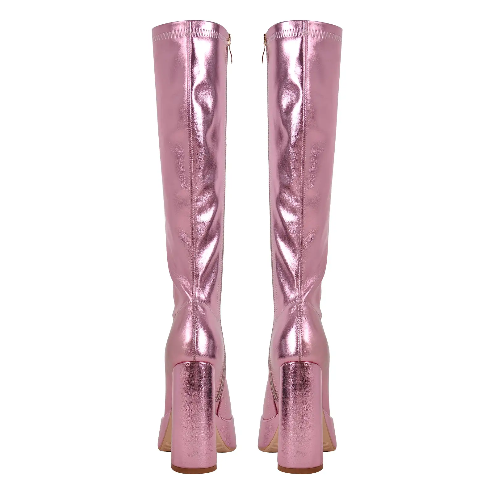 Metallic Leather Platform Chunky Heel Knee High Boots