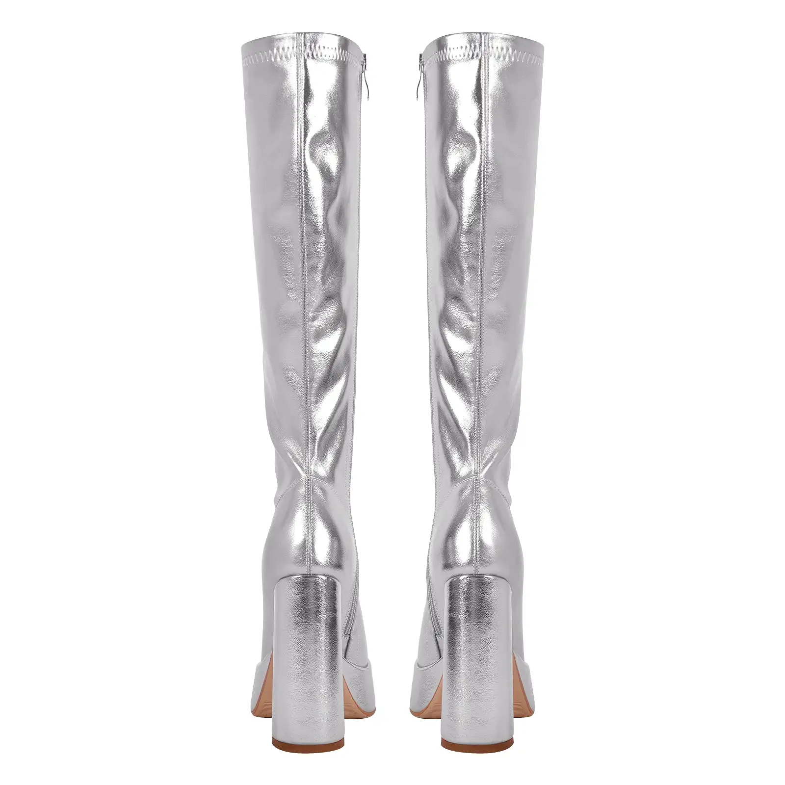 Metallic Leather Platform Chunky Heel Knee High Boots