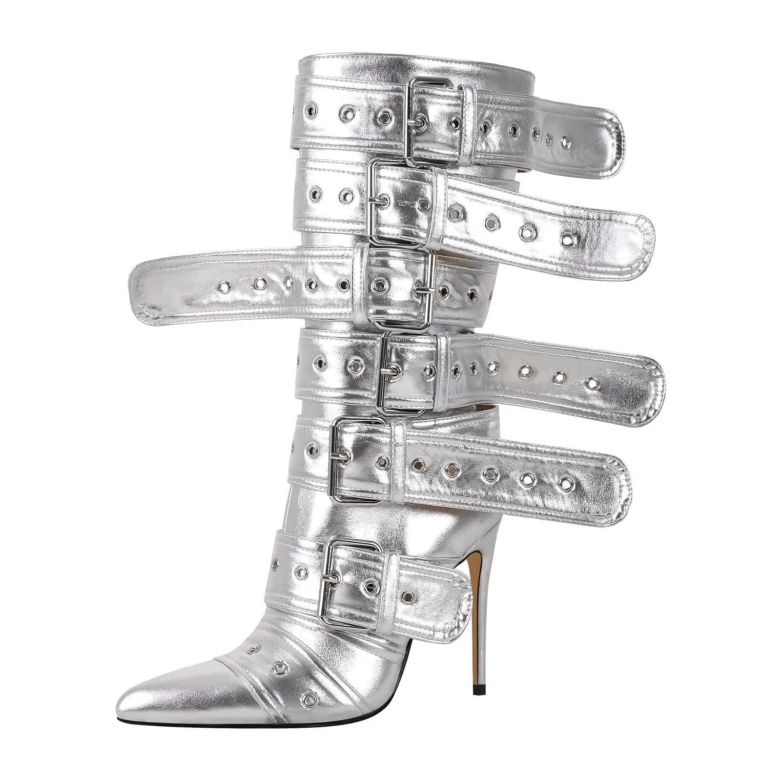 Metallic Pointed Toe Buckles Stiletto Ankle Boots