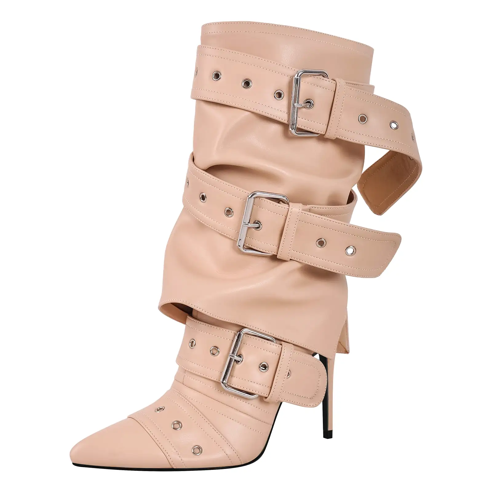 Metallic Pointed Toe Buckles Stiletto Ankle Boots