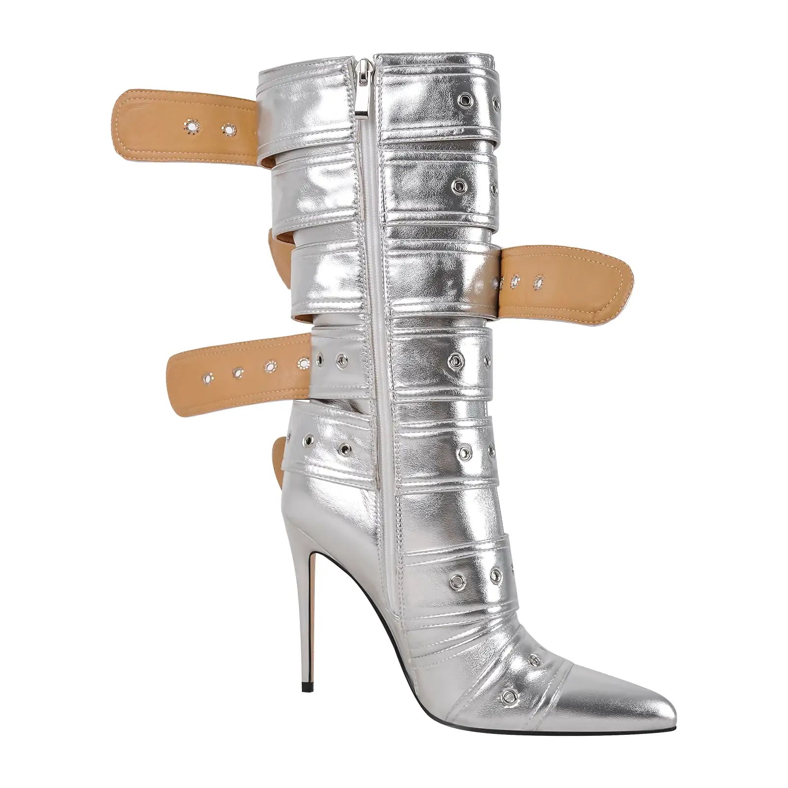 Metallic Pointed Toe Buckles Stiletto Ankle Boots