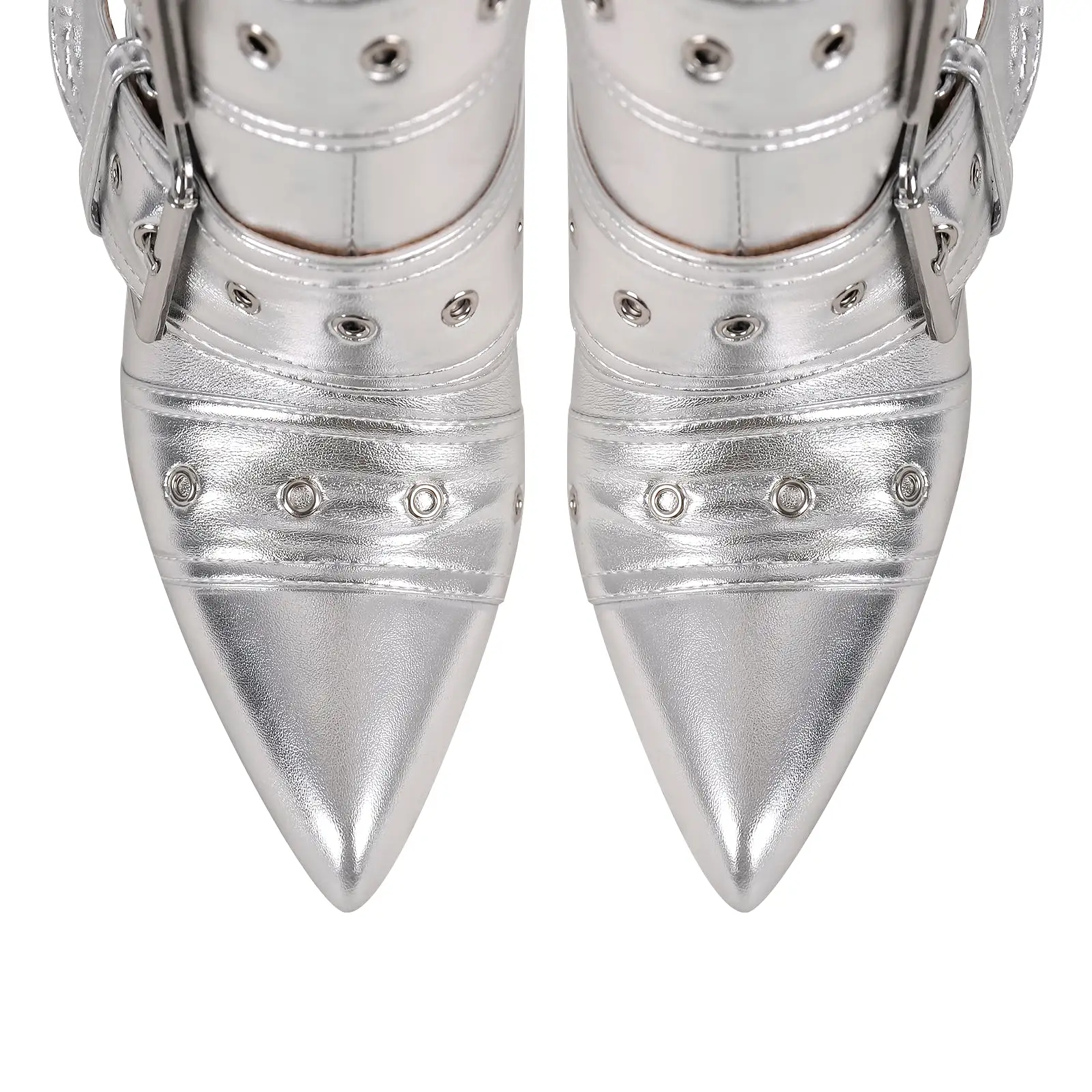 Metallic Pointed Toe Buckles Stiletto Ankle Boots