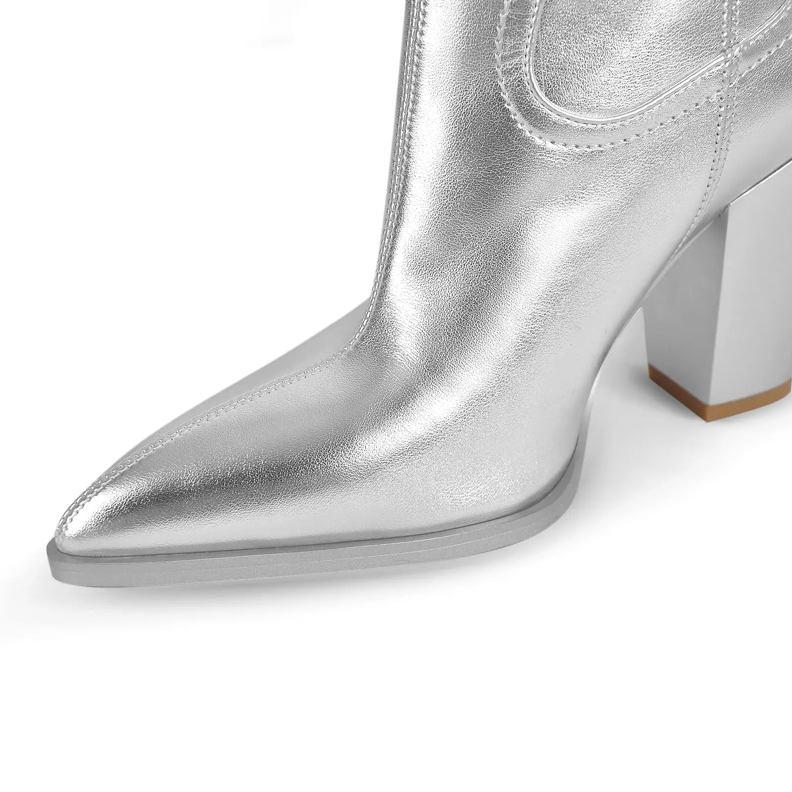 Metallic Pointed Toe Mid-Calf Chunky Heel Western Boots