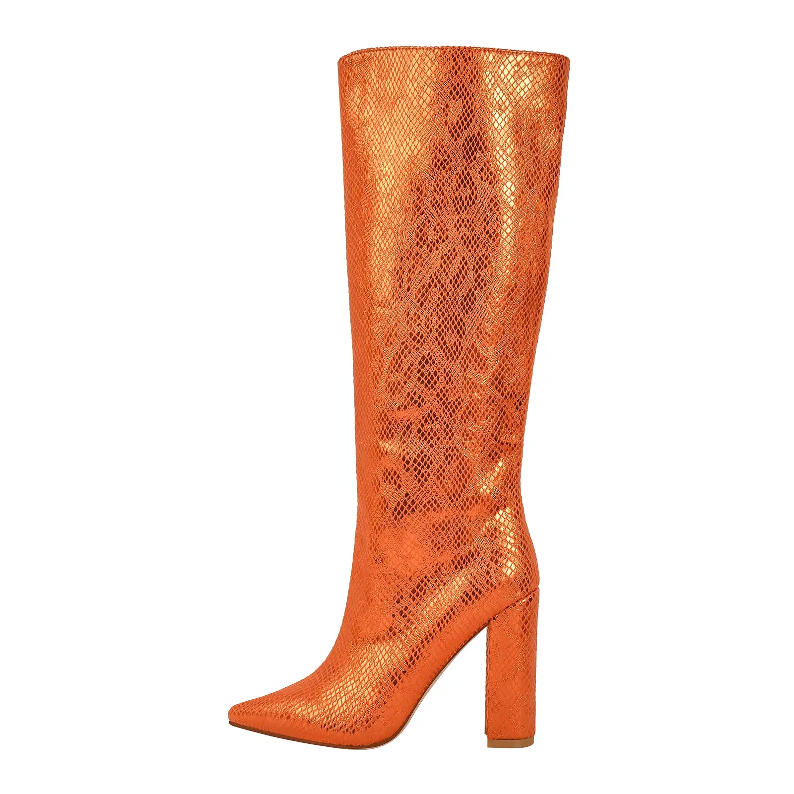 Metallic Snake Print Chunky Heel Knee High Boots