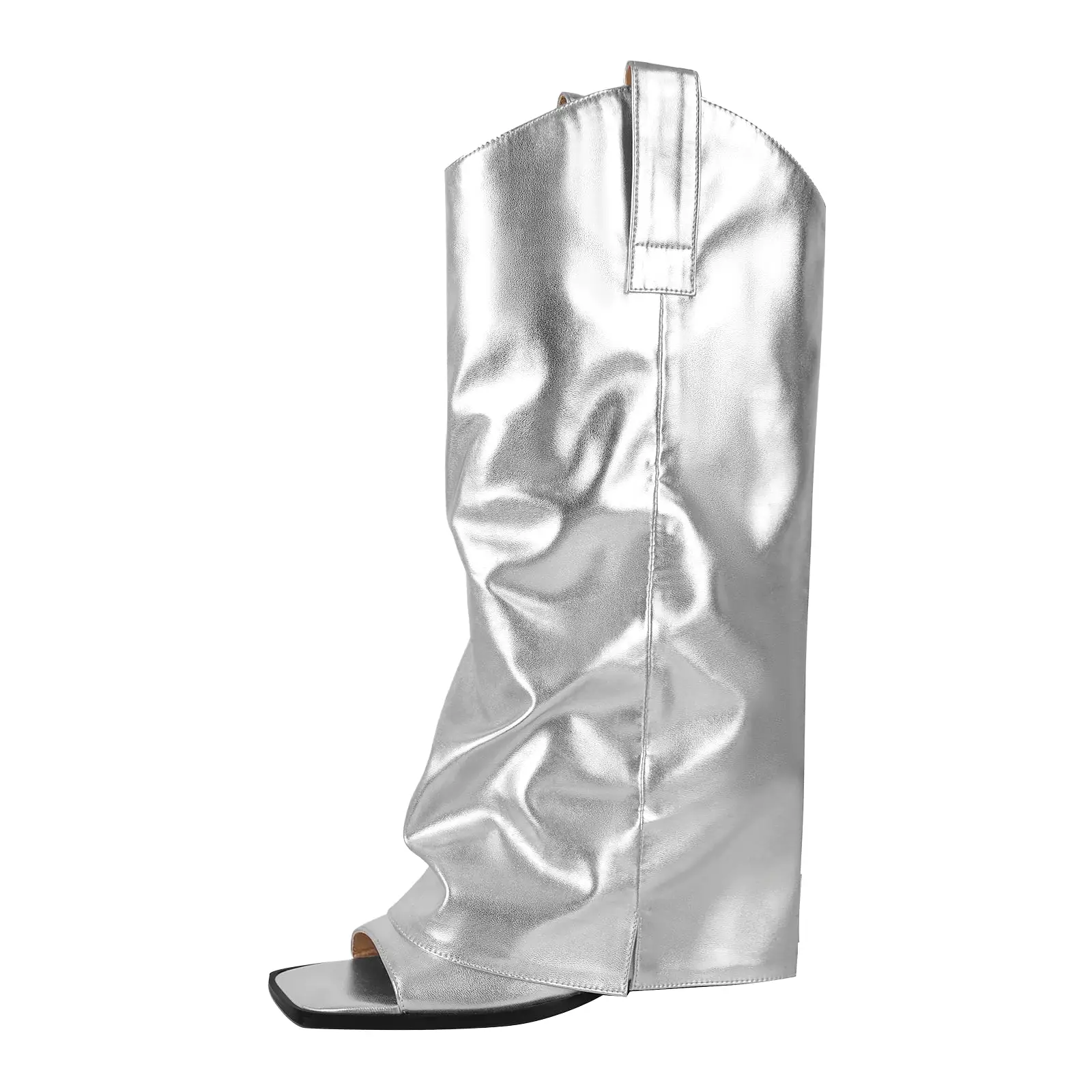 Metallic Square Toe Wedge Heel Fold Over Sandal Boots