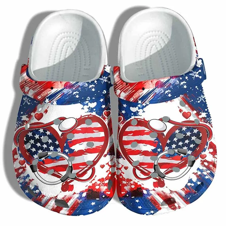 Nurse Life 4th of July Crocs Clog Shoes Heart Love Usa America Flag Twinkle Crocs – 90sfootwear