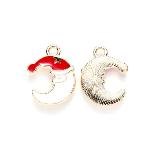 Pendants, Christmas Theme, Moon With Christmas Hat, Single-Sided, White, Red, Enameled, Light Gold Alloy, 20mm