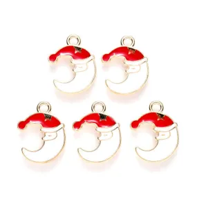 Pendants, Christmas Theme, Moon With Christmas Hat, Single-Sided, White, Red, Enameled, Light Gold Alloy, 20mm