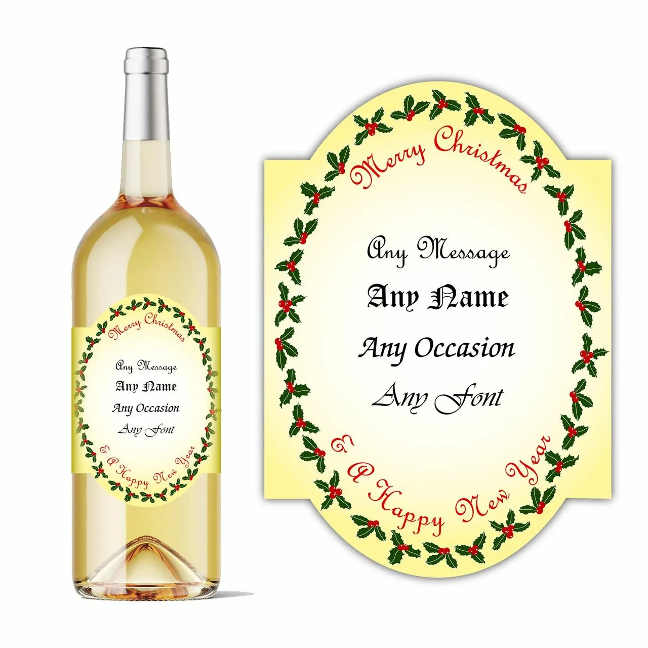 Personalised Christmas holly oval wine bottle label, Add any message.