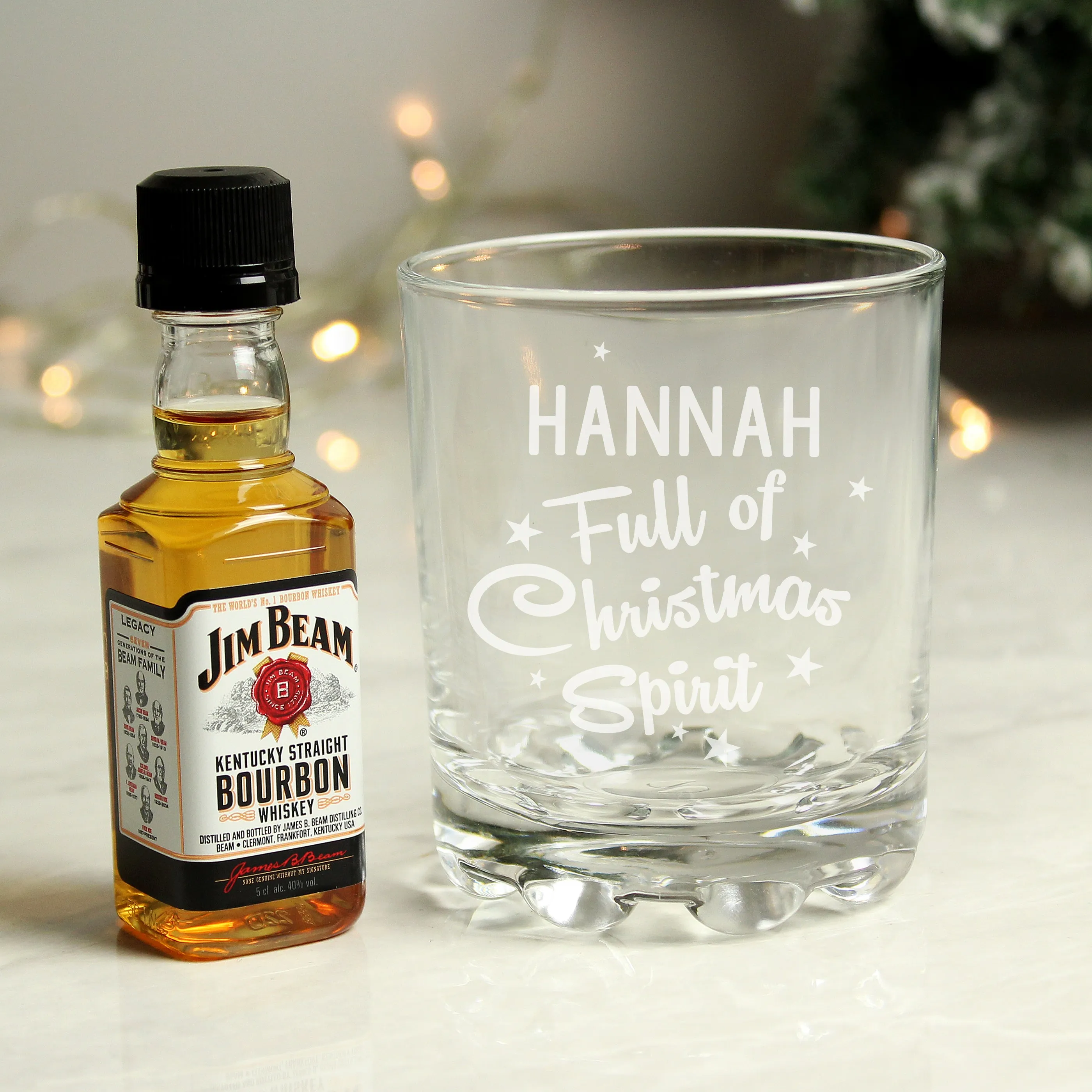 Personalised Full of Christmas Spirit Tumbler Glass & Jim Beam Miniature Set