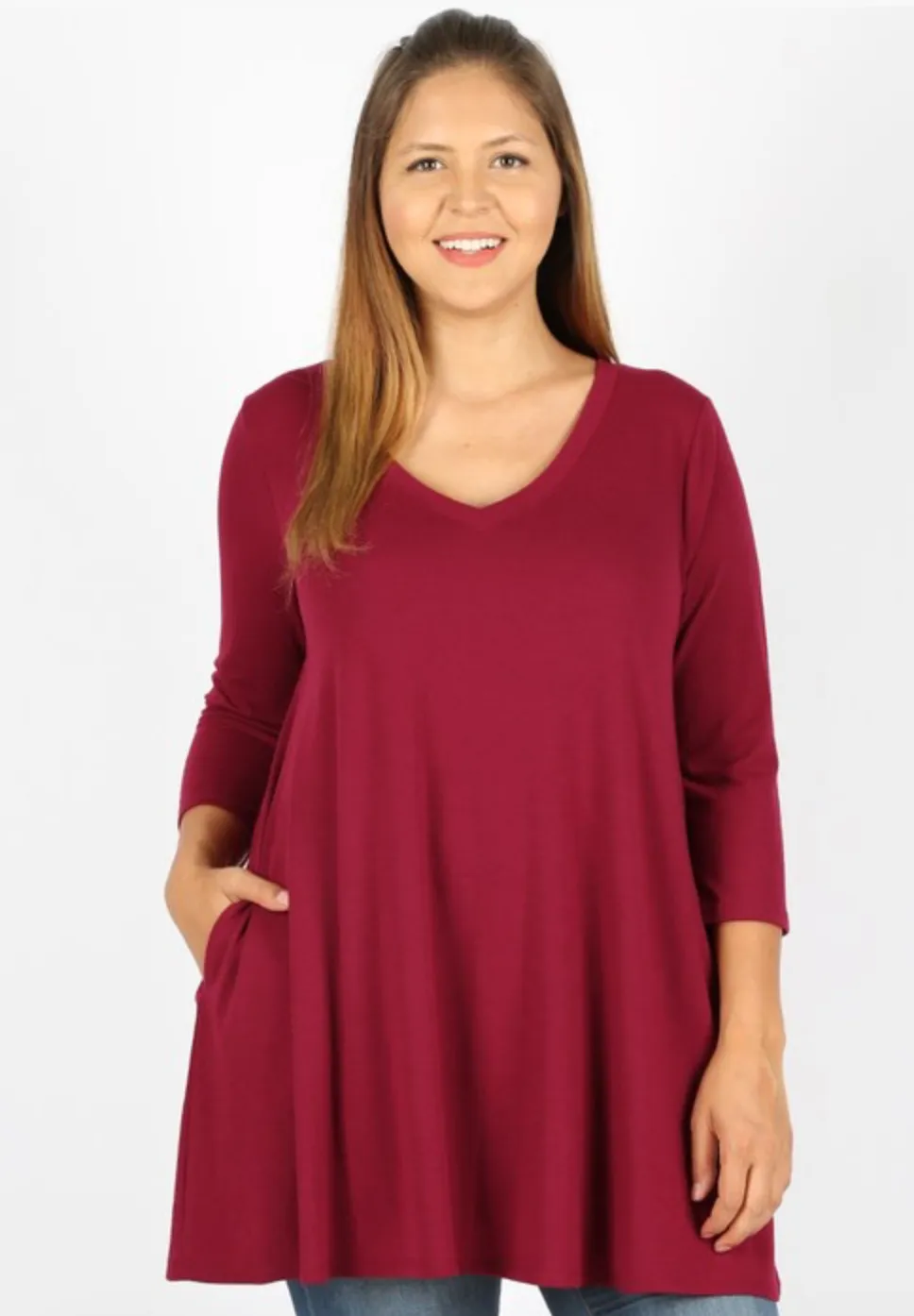 PLUS SIZE 3/4 Sleeve V-Neck Top (WITH POCKETS)