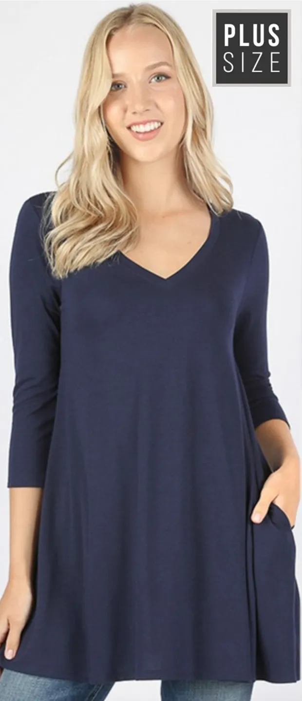 PLUS SIZE 3/4 Sleeve V-Neck Top (WITH POCKETS)