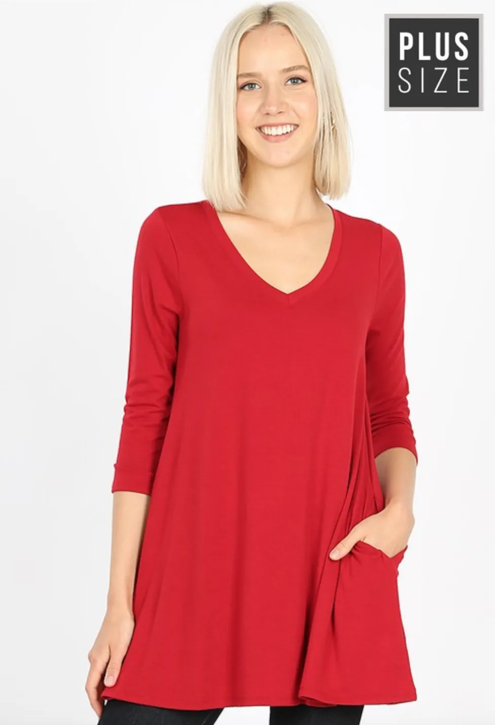 PLUS SIZE 3/4 Sleeve V-Neck Top (WITH POCKETS)