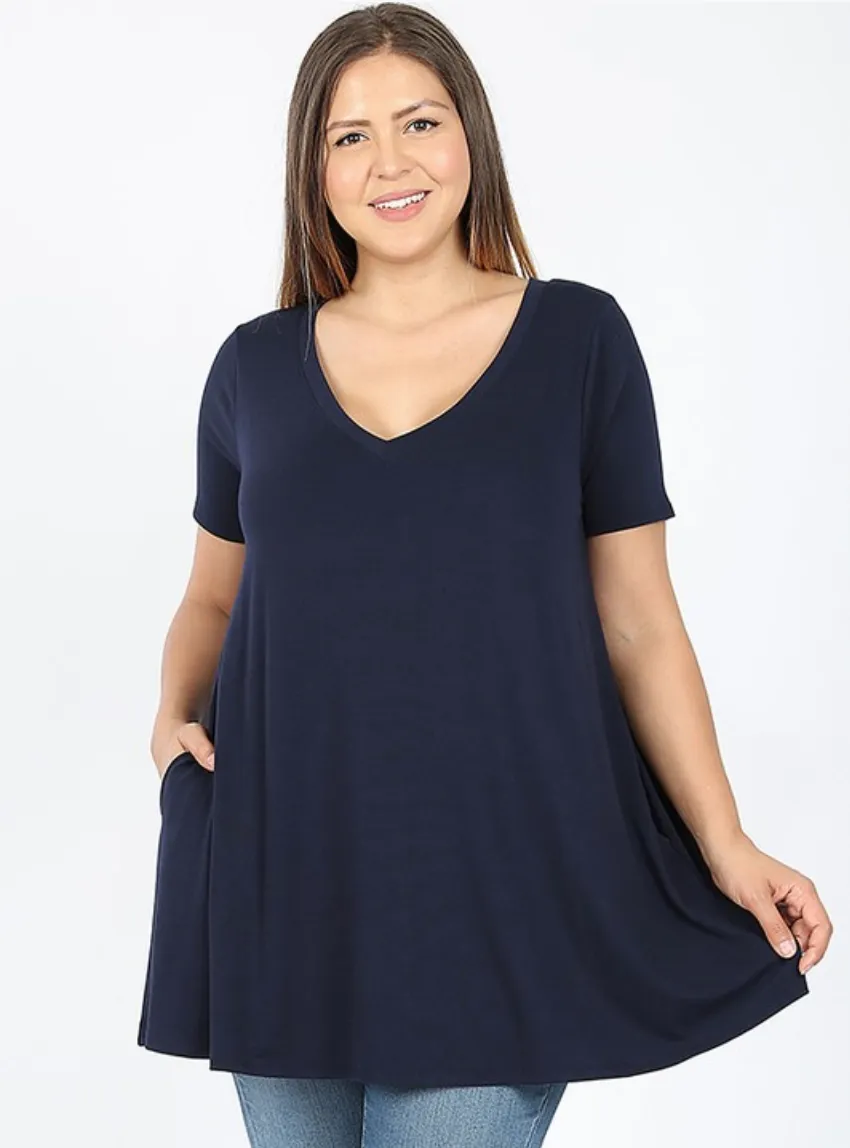 PLUS SIZE Short Sleeve V-Neck Top (WITH POCKETS)