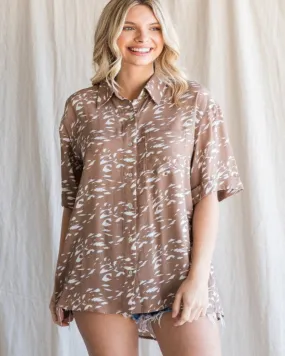 Print Button-Up Collared Short Sleeve Top