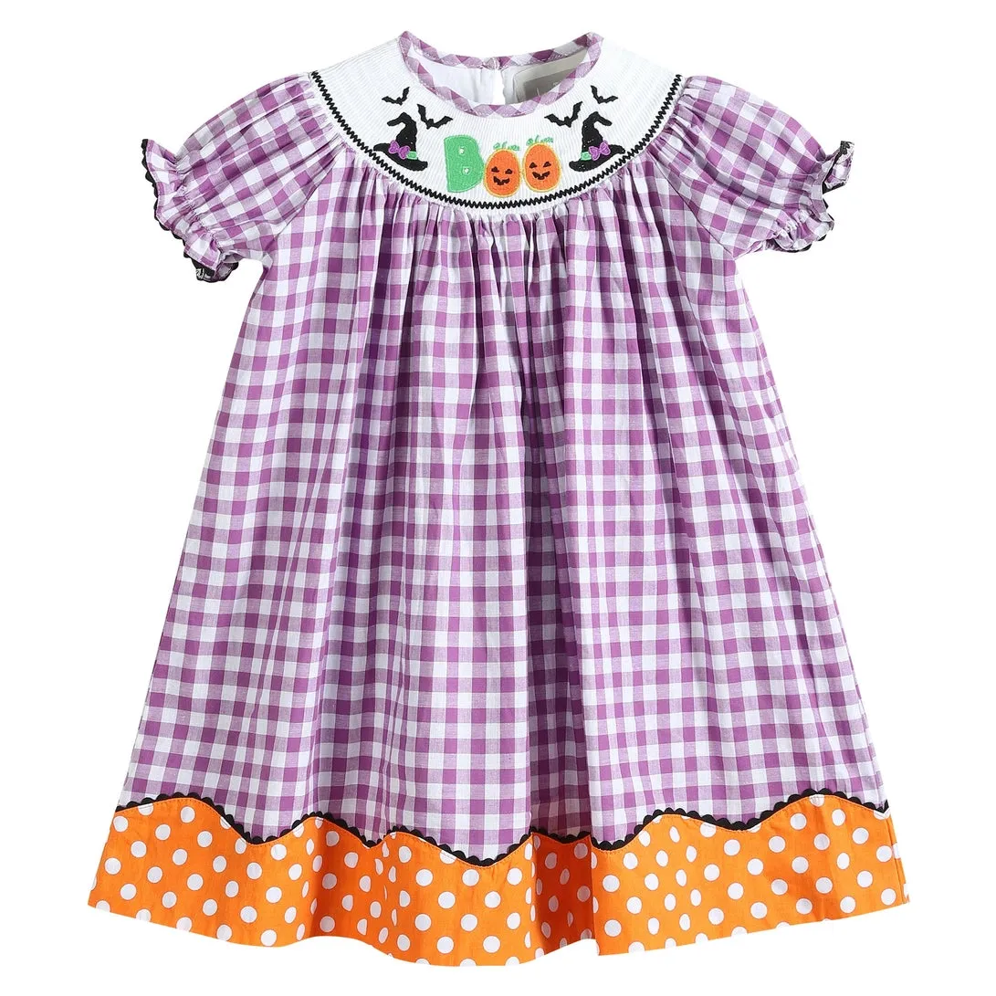 Purple Gingham Halloween Boo Smocked Bishop