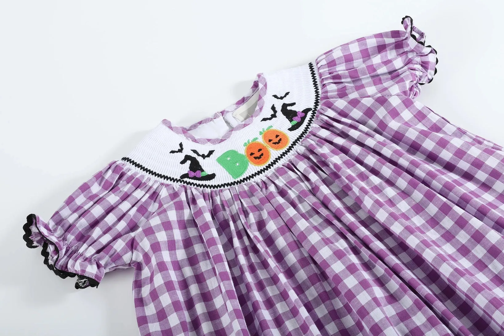 Purple Gingham Halloween Boo Smocked Bishop