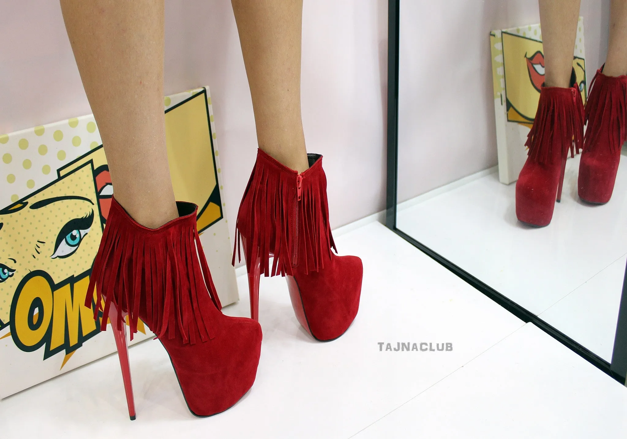 Red Fringed Platform Ankle Boots