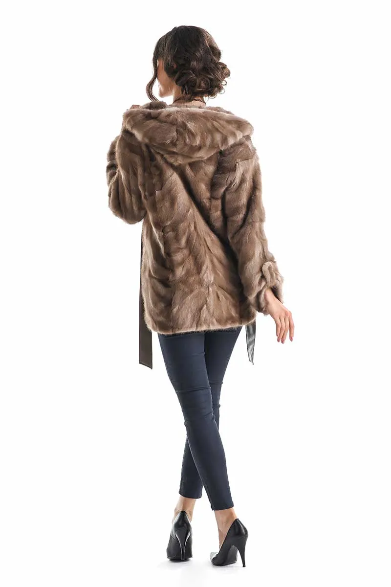 Taupe Hooded Genuine Mink Fur Coat with Leather Belt