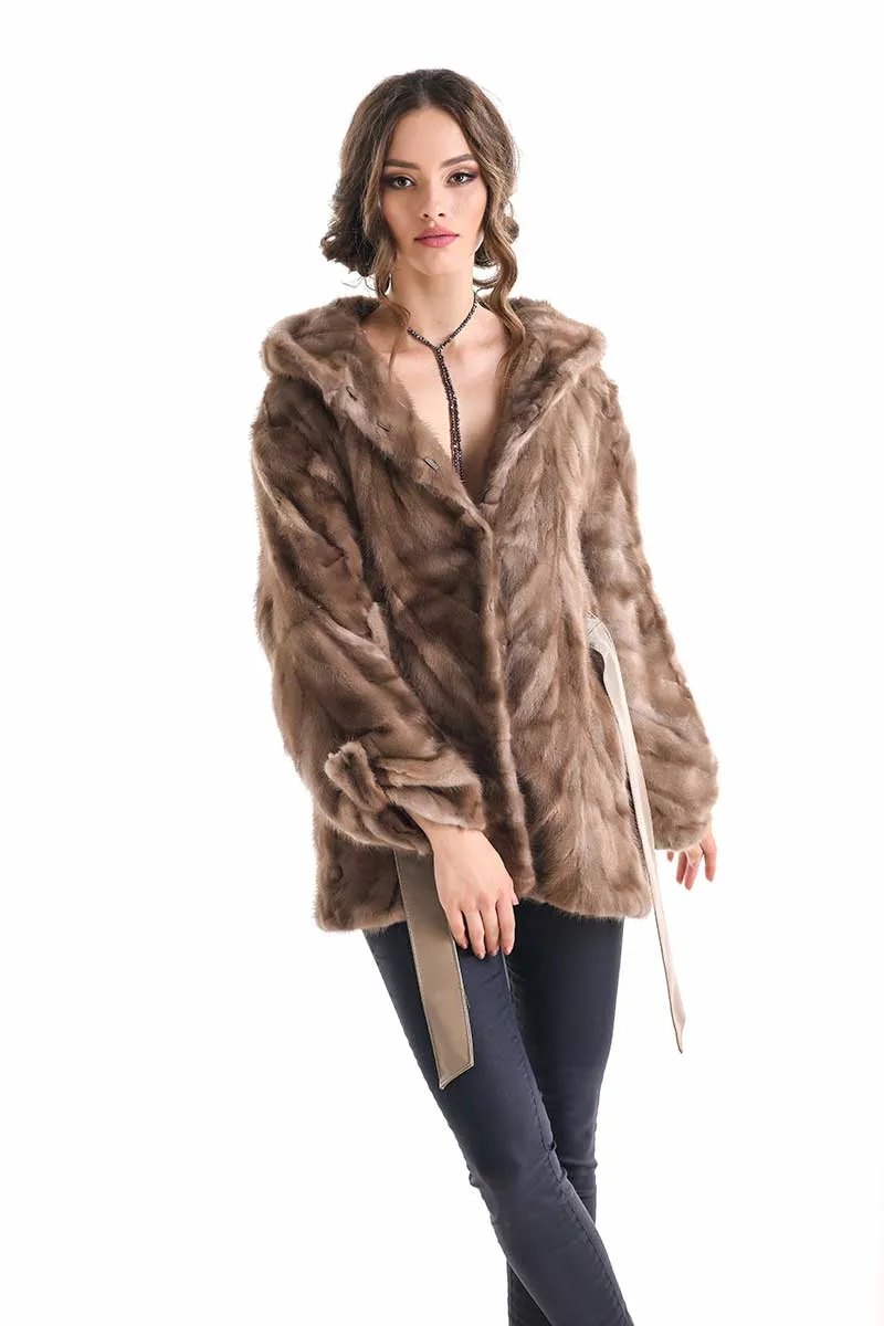 Taupe Hooded Genuine Mink Fur Coat with Leather Belt