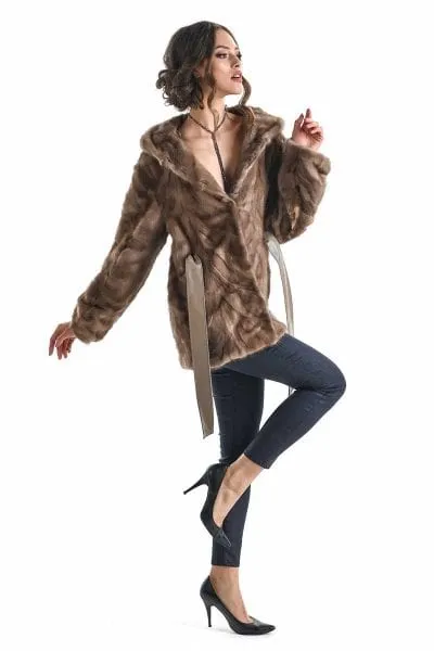 Taupe Hooded Genuine Mink Fur Coat with Leather Belt