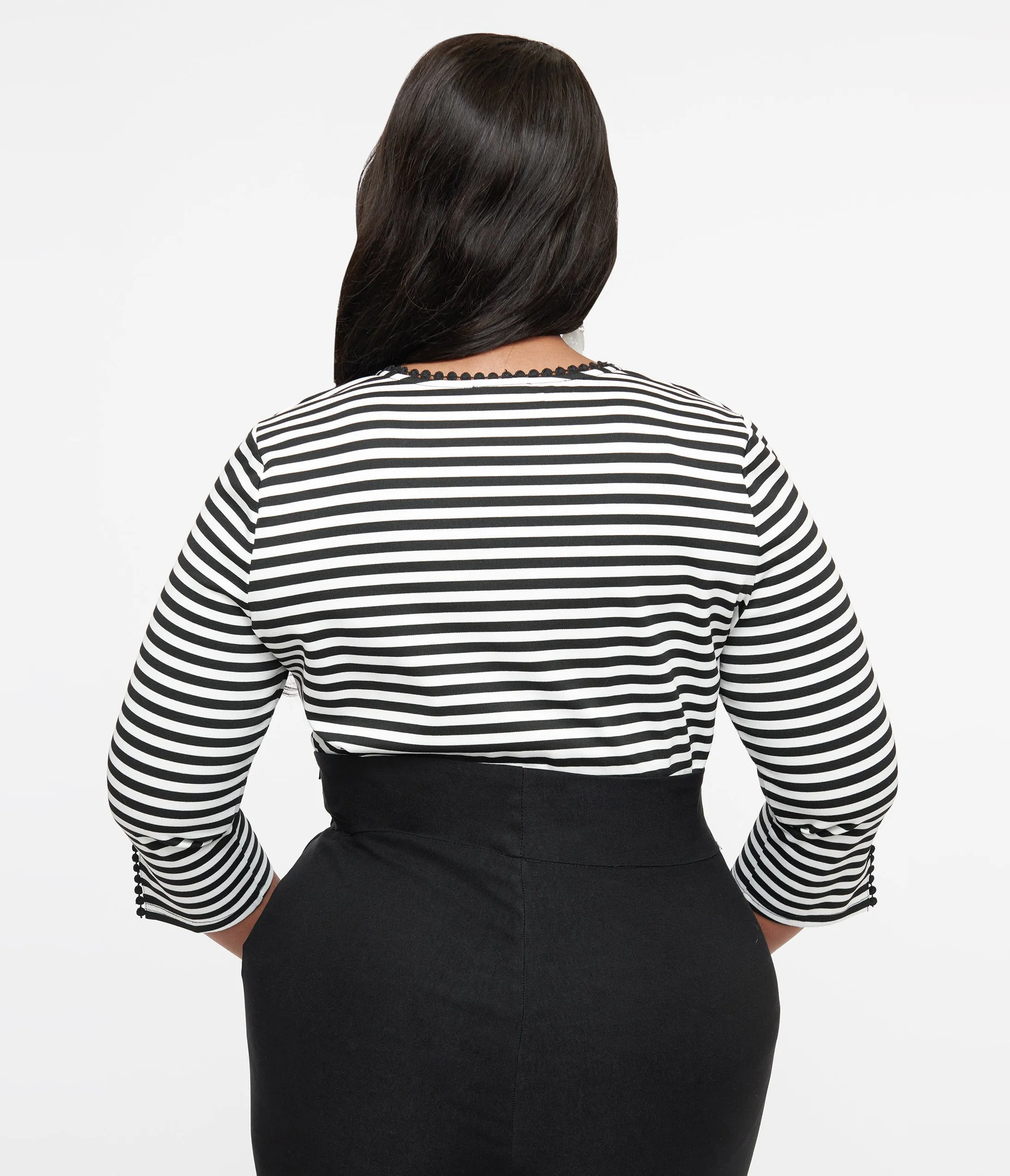 Unique Vintage Plus Size 1950s Black & White Stripe Cutout Neck Tie Top