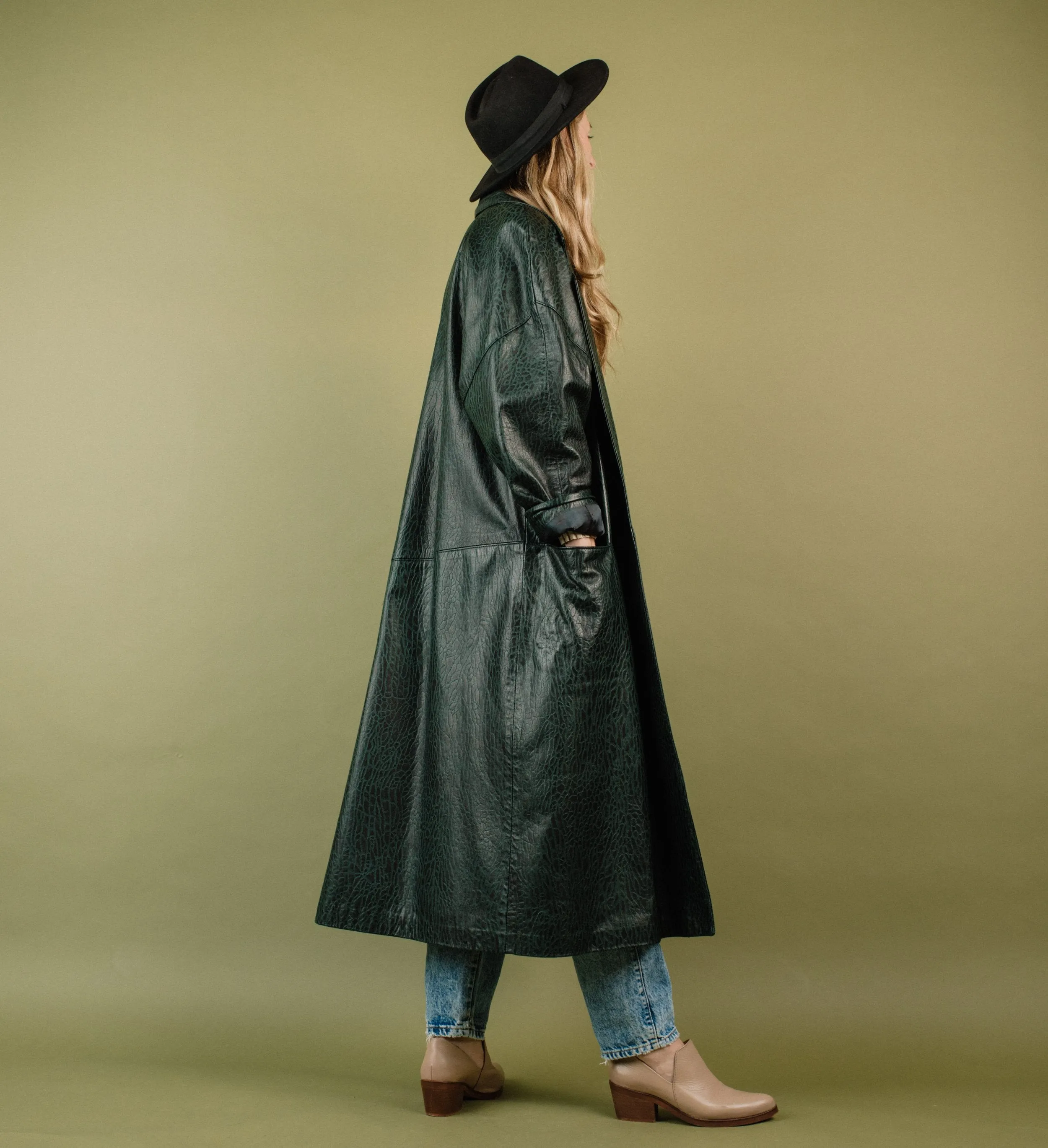 Vintage Oversized Black + Green Embossed Croc Leather Coat (S)